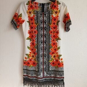 Mono B Dress Red and Yellow Floral Mini Lace Zipper Back Short Sleeve Small